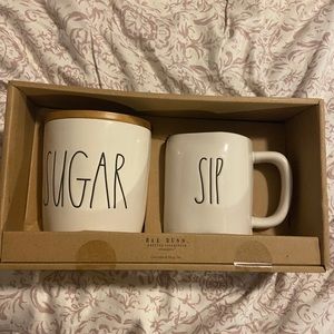 Rae Dunn sugar container and coffee mug